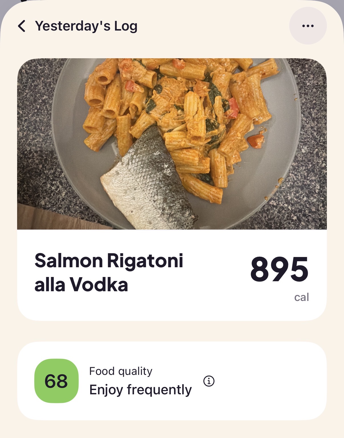 Salmon rigatoni meal in Crumb with a Food quality score of 68, labeled Enjoy frequently