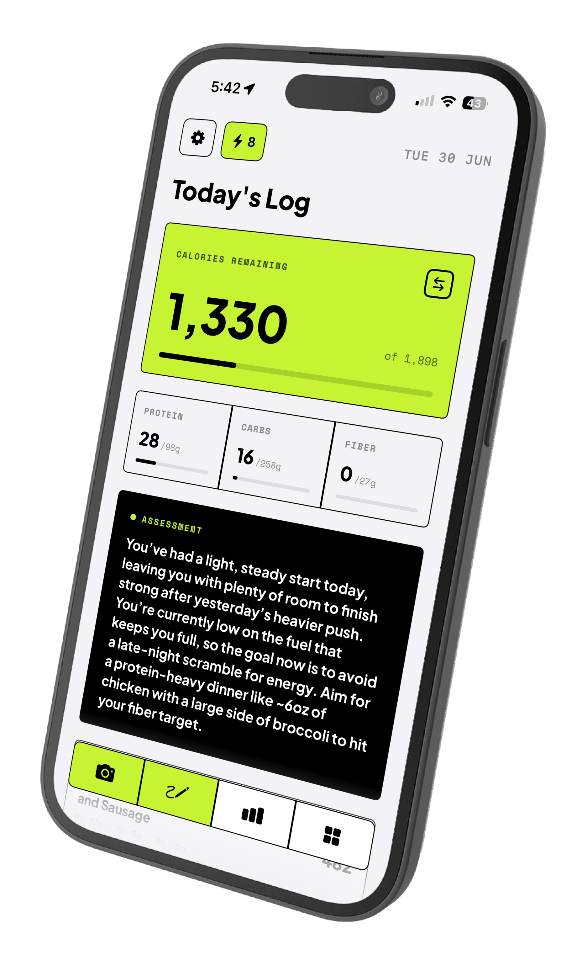 Crumb app — Today's Log screen with calories remaining, macros, and an AI assessment