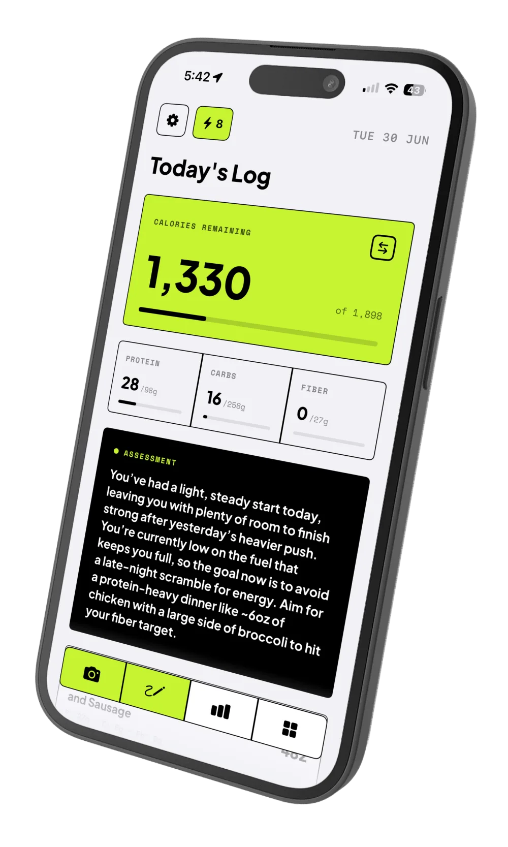 Crumb app — Today's Log screen with calories remaining, macros, and an AI assessment