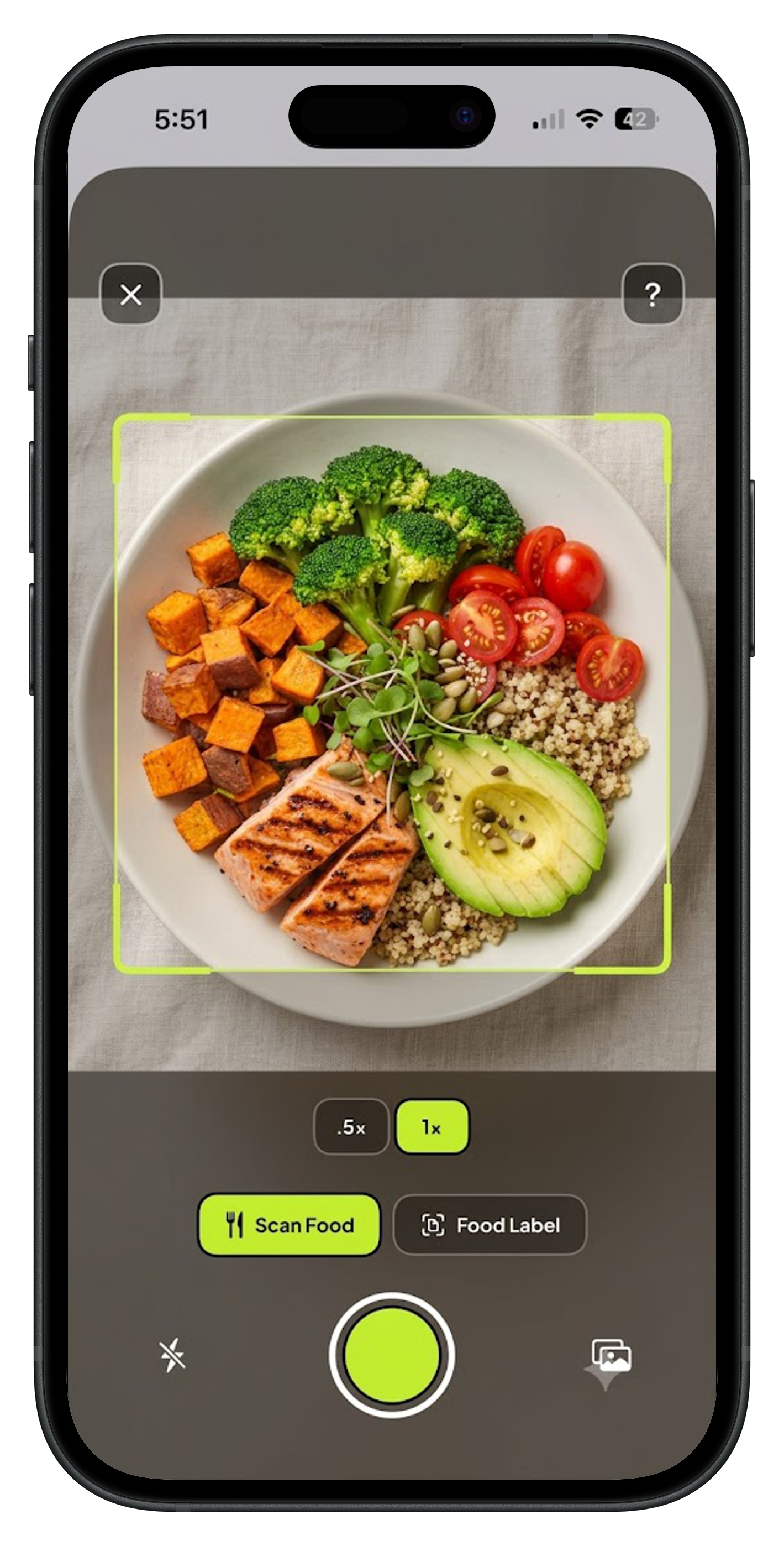Crumb app — camera scan of a salmon quinoa bowl with the Scan Food mode active