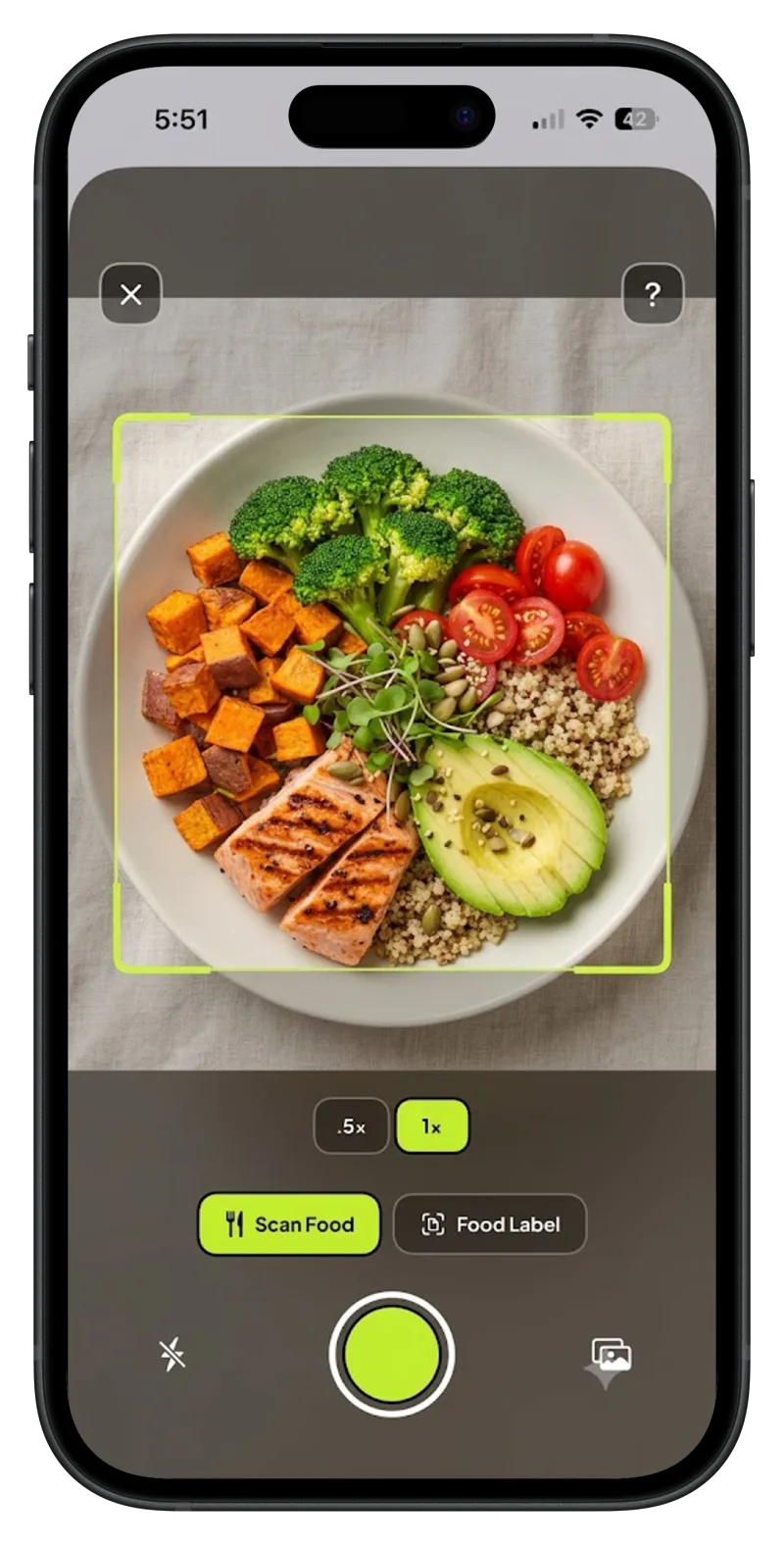 Crumb app — camera scan of a salmon quinoa bowl with the Scan Food mode active