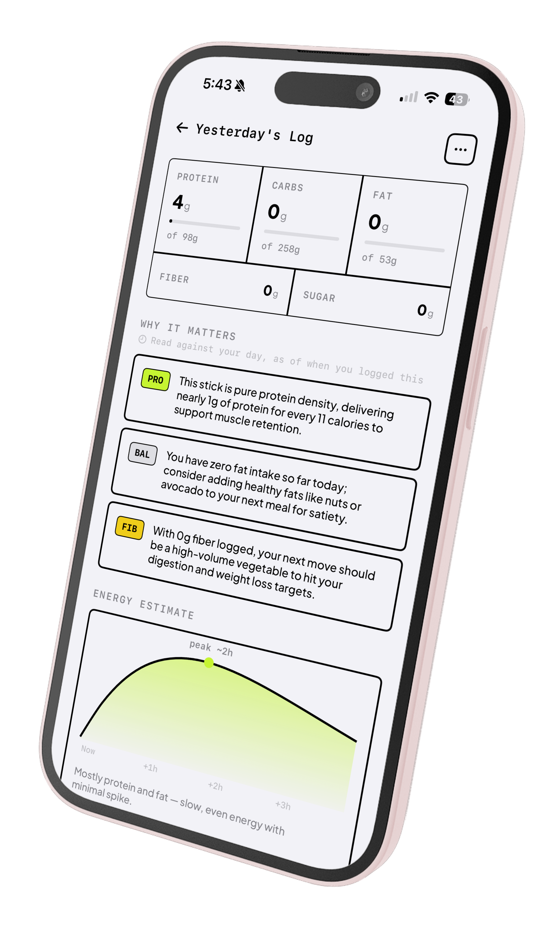 Crumb app — Yesterday's Log with macro breakdown, Why It Matters insights, and an energy estimate curve