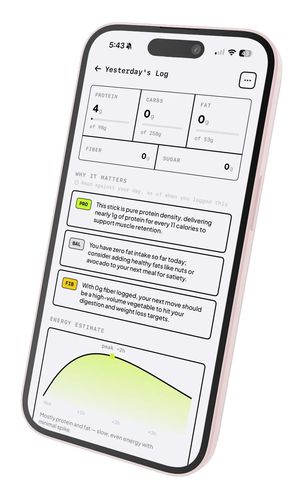Crumb app — Yesterday's Log with macro breakdown, Why It Matters insights, and an energy estimate curve