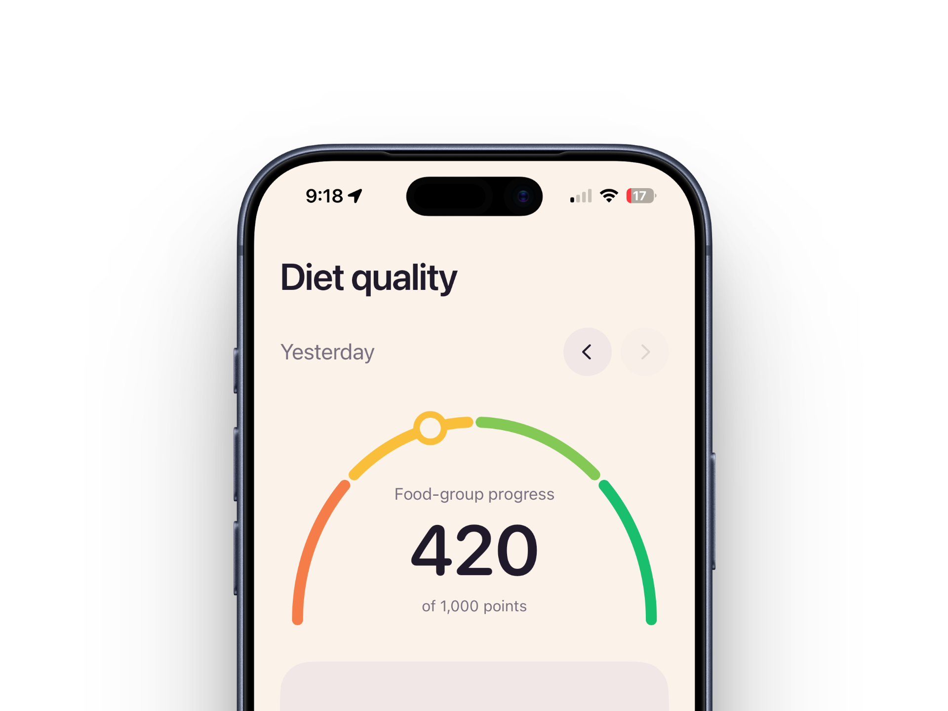 Crumb Diet quality screen showing food-group progress of 420 out of 1,000 points