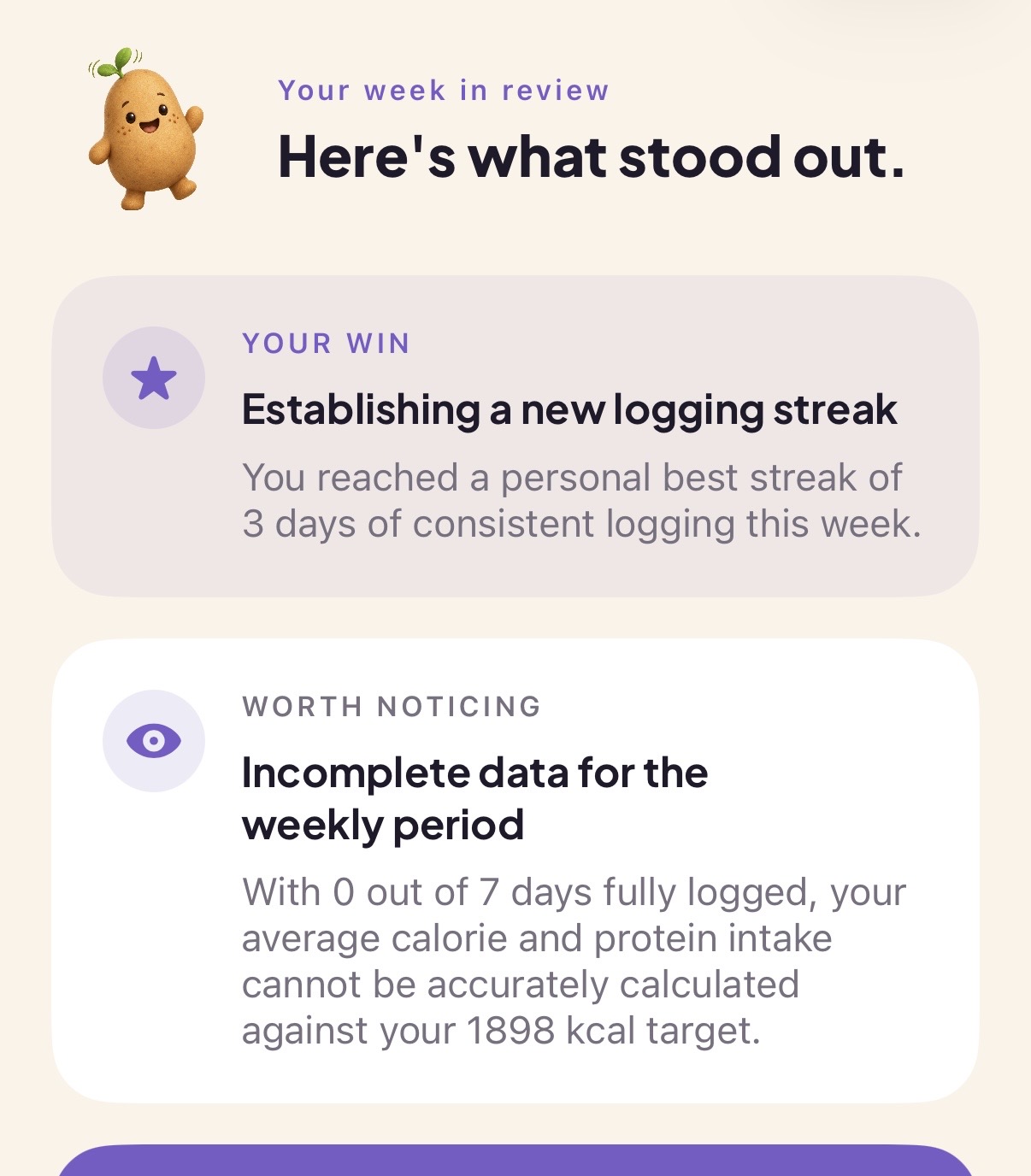 Crumb weekly review showing a logging-streak win and observations about the week